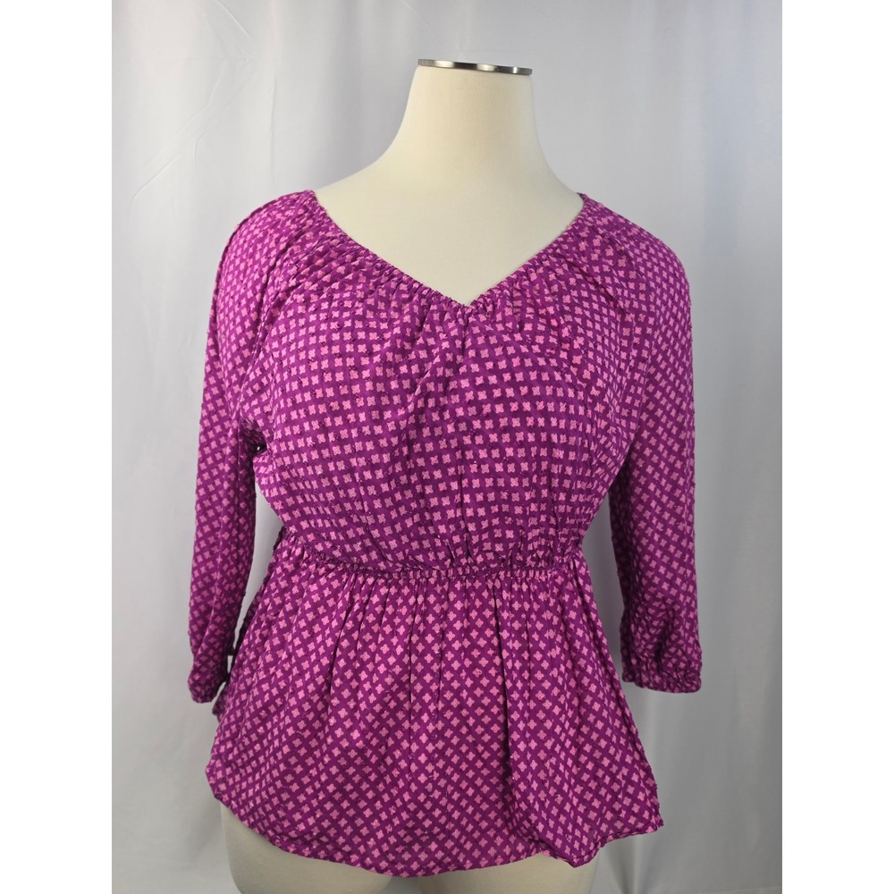 Magenta Pink Geometric Peplum Blouse Sequin V-Neck Long Sleeve Top